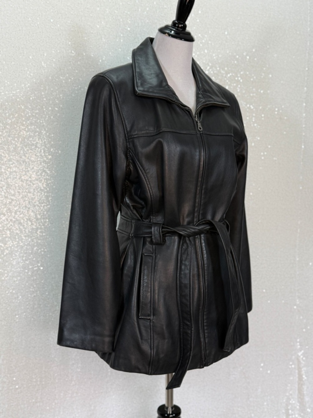 Jacqueline Ferrar Genuine Lambskin Leather Jacket Black Belted Zip Up Tailored - Picture 8 of 16